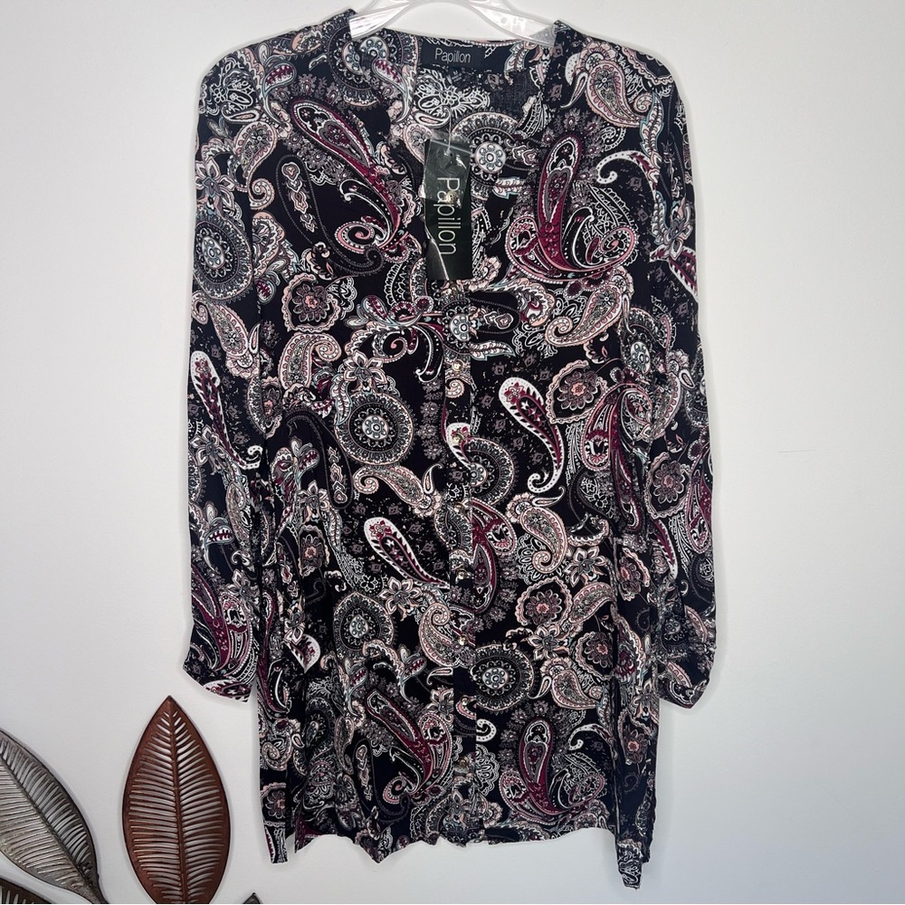 NWT Papillon Multi Button Down Viscose Side Pockets Tunic Top A29